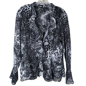 VTG Y2K Animal Print Ruffled Flare Sleeve V-Neck Top Size 12 Sheer‎ Layers